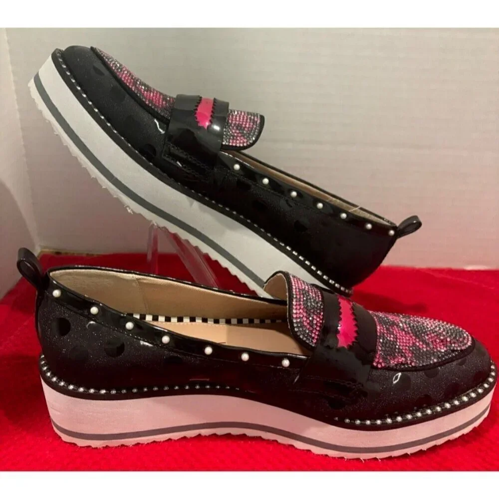 Betsey Johnson Pink and Black Houndstooth Patent Penny Loafers